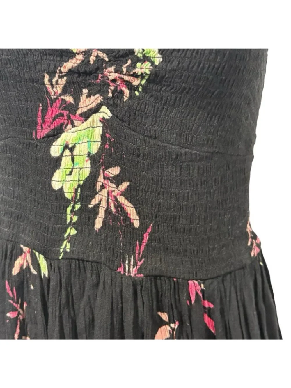 Intimately Free People Beau Smocked Black Floral Maxi Sundress L Boho Beachy Y2K